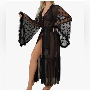 Mesh kimono sexi robe sleeves heart prints size S